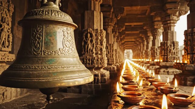 Ancient Hindu Temple Interior with Brass Bell and Row of Diya Lamps for Sankat Mochan Hanuman Jayanti Celebration
