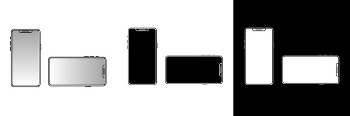 Vector illustration showing three smartphone positions, standing and horizontal. Ideal for technology, communication, or digital app themes with a modern clean style.