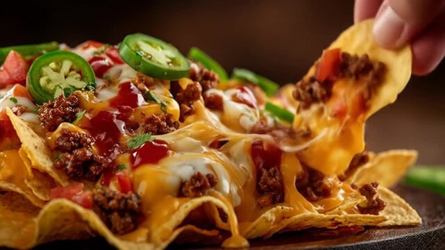 A close-up view of a delicious plate of nachos topped with melted cheese, ground beef, fresh tomatoes, and jalape?os, set against a rustic wooden background, perfect for food lovers