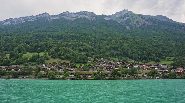 Lakeside Village and Green Mountains by Turquoise Lake Brienz, Switzerland,Filmed on 29 August 2025
