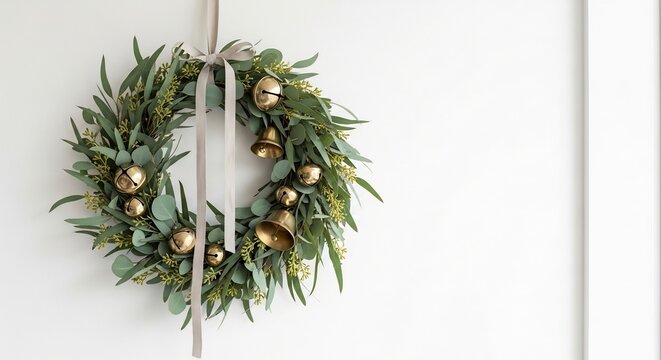 A wreath with eucalyptus leaves  gold bells hangs from a gray ribbon on a white wall