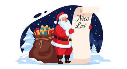 Santa Claus with a Nice List Next to a Bag of Gifts and Winter Landscape