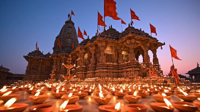 Sankat Mochan Hanuman Temple illuminated during Hanuman Jayanti celebration with oil lamps and flags at twilight