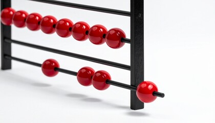 Close-up of abacus with red beads on black rods, arranged against white background, traditional counting tool with bold contrast.