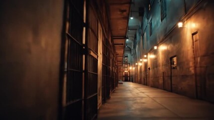 Dimly lit corridor of an old prison featuring iron bars, concrete walls, and flickering lights, evoking a sense of confinement and history, suitable for themes of justice and rehabilitation - Powered by Adobe