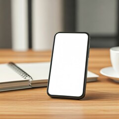 Realistic photo of smartphone with blank white screen lying on wooden desk beside coffee cup and notebook, natural window light, cozy modern atmosphere, ultra-realistic 8k, no text, no watermark, high