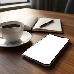 Realistic photo of smartphone with blank white screen lying on wooden desk beside coffee cup and notebook, natural window light, cozy modern atmosphere, ultra-realistic 8k, no text, no watermark, high