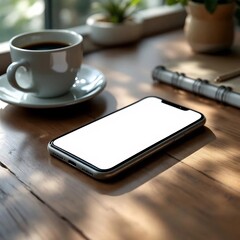Realistic photo of smartphone with blank white screen lying on wooden desk beside coffee cup and notebook, natural window light, cozy modern atmosphere, ultra-realistic 8k, no text, no watermark, high