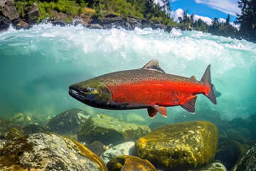 Salmon (Salmo salar) swimming upstream through rapids during spawning migration