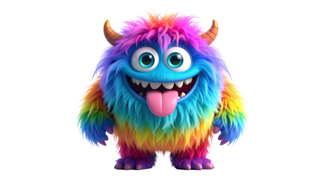 Furry rainbow monster with horns, bright eyes, and tongue sticking out