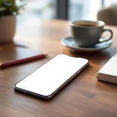 Realistic photo of smartphone with blank white screen lying on wooden desk beside coffee cup and notebook, natural window light, cozy modern atmosphere, ultra-realistic 8k, no text, no watermark, high