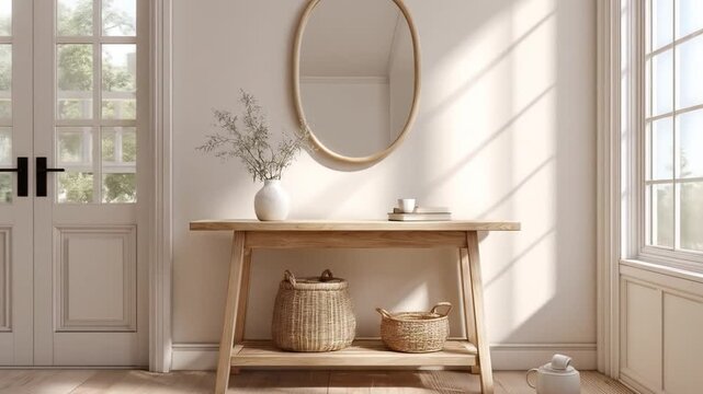 A serene interior scene featuring a wooden console table adorned with a vase of flowers and woven baskets, illuminated by soft sunlight streaming through a window, creating a calming atmosphere