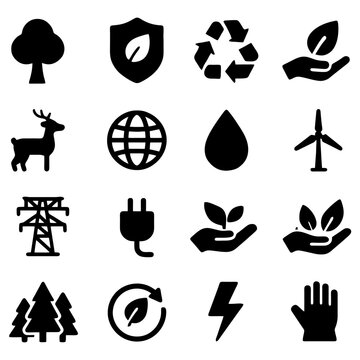 Ecology and Nature Icons: A collection of ecological and natural icons arranged in an eye-catching way, showcasing diverse elements symbolizing nature, conservation, and sustainability.