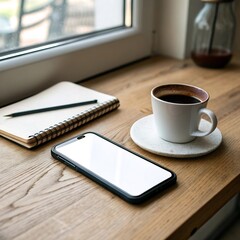 Realistic photo of smartphone with blank white screen lying on wooden desk beside coffee cup and notebook, natural window light, cozy modern atmosphere, ultra-realistic 8k, no text, no watermark, high
