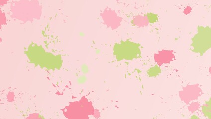 Bright and cheerful abstract background with pink and lime green paint splatters and ink blots on a pale pink gradient background. The style is playful and artistic