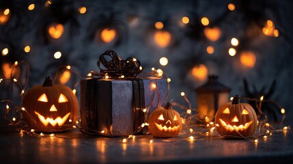 Spooky Halloween night with glowing jack-o-lanterns, festive gift, and warm fairy lights creating a magical atmosphere
