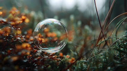 A delicate soap bubble rests on mossy ground among orange leaves and slender grass in a dreamy, blurred forest setting. Concept Soap bubble macro, Mossy forest floor, Orange autumn leaves