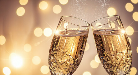 Champagne glasses clinking together with sparkling background lights  