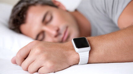 Man resting peacefully in a white bed wearing a modern smartwatch on his wrist, utilizing wearable technology for advanced sleep tracking and monitoring overall health and wellness