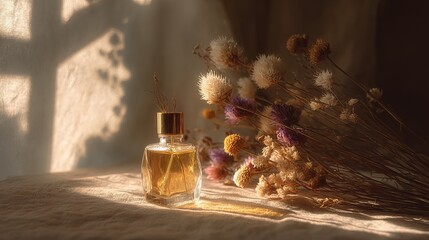 Elegant golden perfume bottle bathed in warm sunlight beside delicate dried flowers creating a serene, luxurious aesthetic