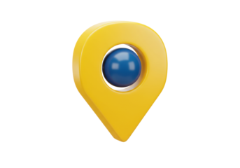 Isolated yellow location pin with a blue center for navigation and mapping software