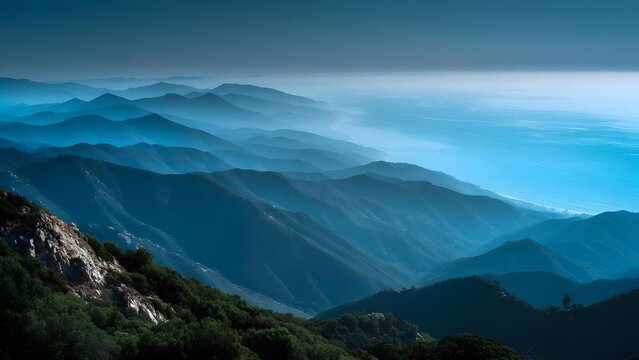 Blue layered mountain ridges extend toward a misty coastline with a calm, expansive sea beyond. Concept Blue layered mountain ridges, Misty coastline, Calm expansive sea, Serene coastal landscape