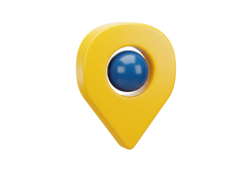 Isolated yellow location pin with a blue center for navigation and mapping software