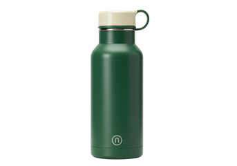 Isolated green water bottle with light beige lid and handle, stainless steel container
