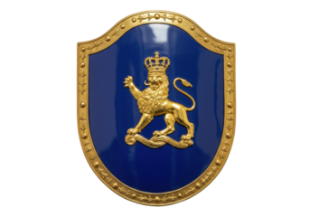 Isolated royal coat of arms, blue heraldic shield with golden lion and crown, crest, emblem