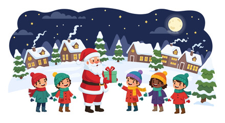 Santa Claus Distributing Gifts to Children in a Snowy Village