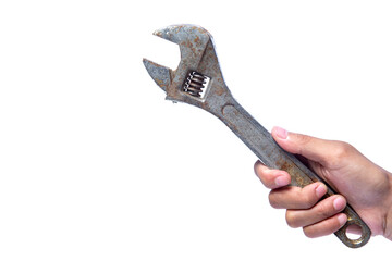 hand holding a wrench on a white background with negative space