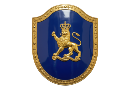 Isolated royal coat of arms, blue heraldic shield with golden lion and crown, crest, emblem - Powered by Adobe