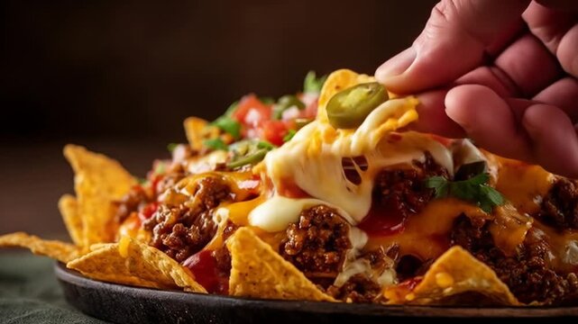 A close-up shot of a hand lifting a tortilla chip topped with jalape?os from a plate of loaded nachos, featuring melted cheese, ground meat, and fresh toppings, set against a rustic background