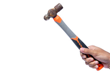 hand holding a hammer on a white background with negative space