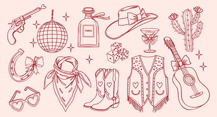 Hand drawn disco cowgirl party elements collection. Cowgirl coquette elements set. . Outline illustration.