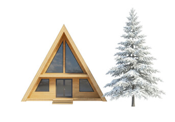 Isolated A-frame house with snowy Christmas tree on seamless background for Xmas holidays