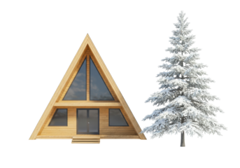 Isolated A-frame house with snowy Christmas tree on seamless background for Xmas holidays