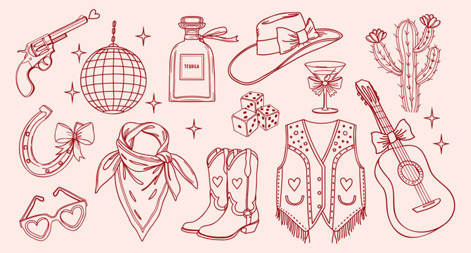 Hand drawn disco cowgirl party elements collection. Cowgirl coquette elements set. . Outline illustration.