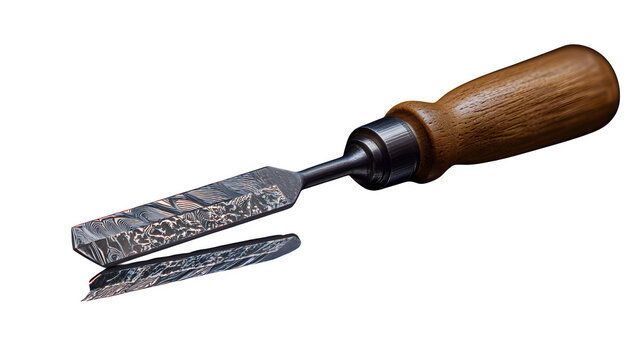 Wood chisel with polished steel blade and wooden handle, ultra detailed reflections