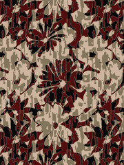 Abstract solid vector textile design, arrangement with big chrysanthemum silhouette flowers, all-over seamless pattern with red and cream tone color illustration, digital image printing factory