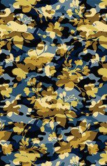 Abstract solid vector textile design, arrangement with dual tone tiger skin and cherry flowers mixed, all-over seamless pattern with yellow and blue tone color illustration, digital image prints.