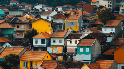 colorful favelas in Rio de Janeiro, with tightly packed houses creating a vibrant mosaic of colors and patterns across the hillside