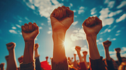 group of hands raised up. Holding fists up