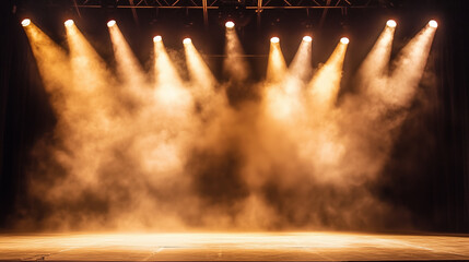  scene with dark empty space. Floor is illuminated by spotlight creating. Presence of smoke or mist element of mystery ambiance