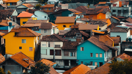 colorful favelas in Rio de Janeiro, with tightly packed houses creating a vibrant mosaic of colors and patterns across the hillside