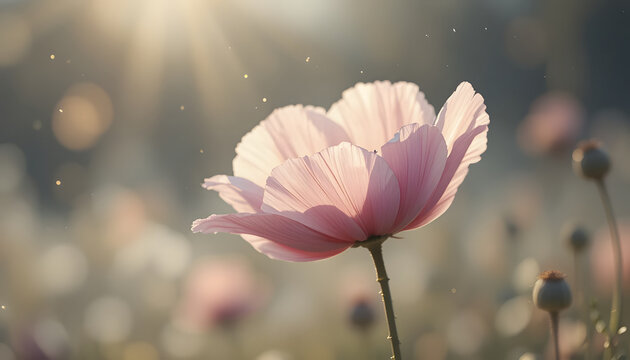 Soft watercolor poppy bloom with golden pollen textures in misty sunlight