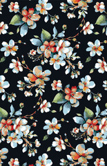 Abstract solid vector textile design, arrangement with multicolor cherry blossom flowers, all-over seamless pattern with red and Tosca tone color illustration, digital image printing factory