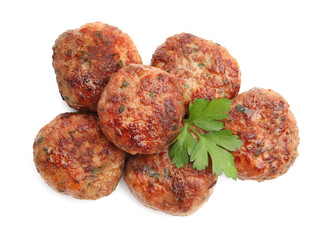 Delicious meat patties with parsley isolated on white, top view