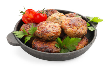 Delicious patties with parsley and tomatoes in pan isolated on white