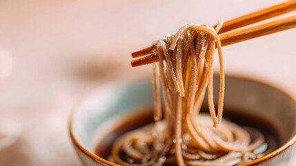 Soba noodles being lifted with chopsticks from a ceramic bowl with dipping sauce, showcasing healthy japanese cuisine and traditional asian food culture